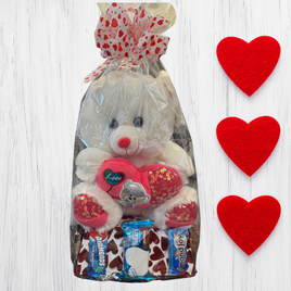 Valentine's Teddy Bear with Red Heart and Candy bars