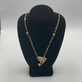 14 K Gold Necklace, Dolphins-shaped with Cubic Zirconia- 7.0 G