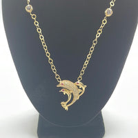 14 K Gold Necklace, Dolphins-shaped with Cubic Zirconia- 7.0 G