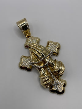 14 K Gold Pendant, two hands holding a cross style charm with Cubic Zirconia stones, 31.7 G