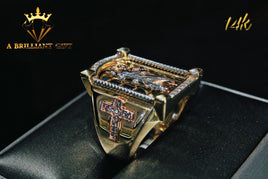 14 K Gold Ring CZ rectangle-shaped ring with a big ST. Huda's emblem on it and a cross on both sides.   Weight: 11.5 G  Size: 10