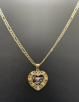 14 K Gold Necklace A tow-tone figaro-style chain with a heart-shaped pendant and the word mom in the middle with Cubic Zirconia stones 6.4 G