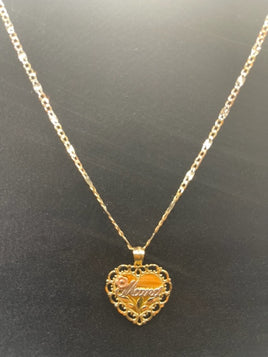 14 K Gold Necklace 18" tri color Cuban style chain with a heart-shaped pendant and the word "Mama" in the middle with a golden rose 6.8 G