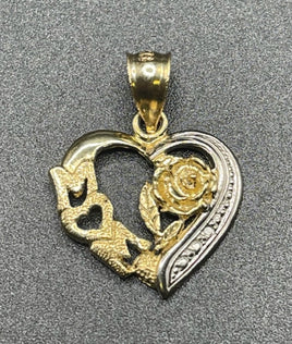 14 K Gold Charm A two colors heart shaped pendant with the word Mom on the lift and a rose on the right