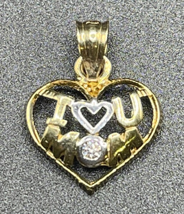 14 K Gold  Pendant with the phrase "I heart mom," and the heart is white gold
