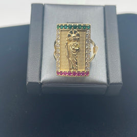 14 K Gold Ring St. Judas emblem ring with red, green, and white CZ stones 6.5 G