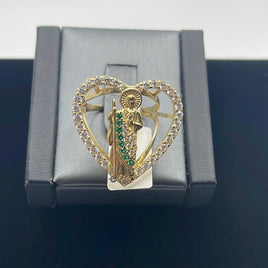 14 K Gold Ring A heart-shaped with St. Judas in the center and tiny green and white CZ stones